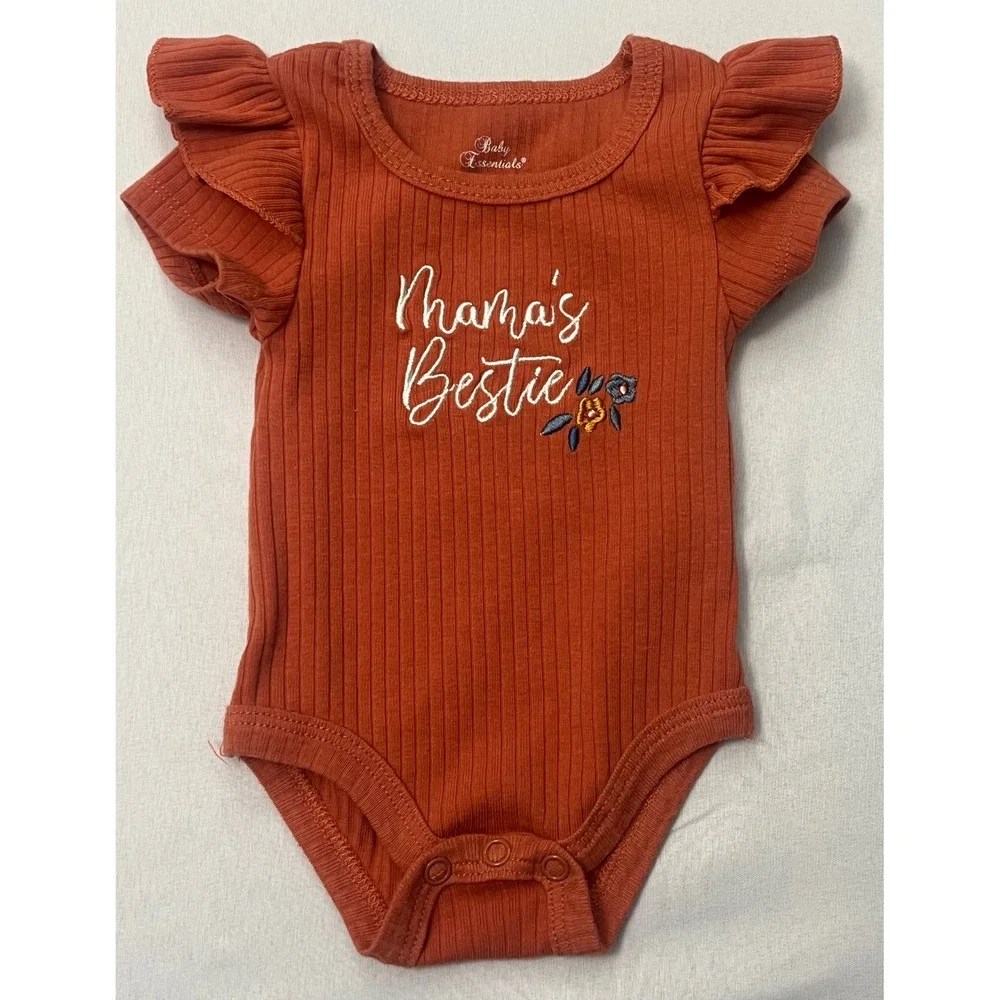 Baby Essentials Mama's Bestie Ruffle Sleeve Bodysuit 3M Rust Ribbed Infant Girl